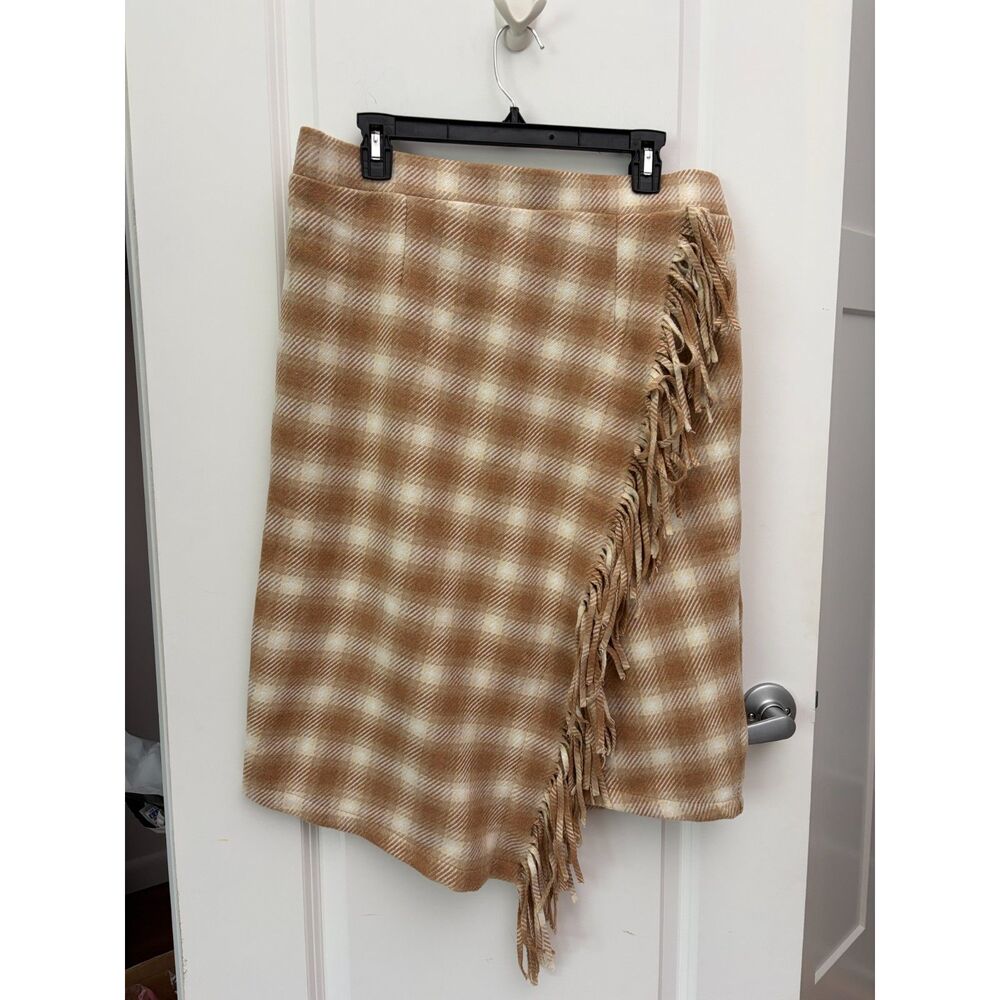 Plaid Fringe Wrap Skirt Camel Brown Wool Blend Womens Large Western Boho Rustic
